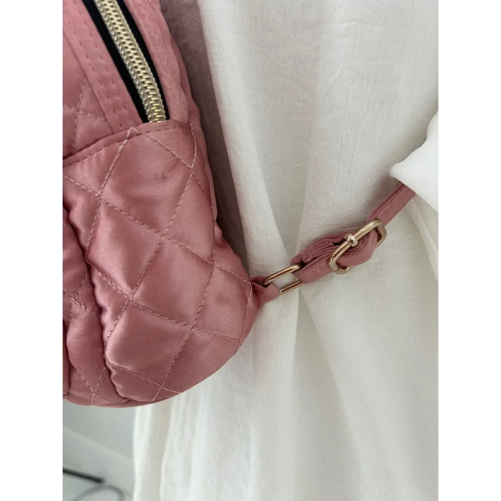The Childrens Place Girls Pink Quilted Satin Mini Backpack Heart Patches Studs